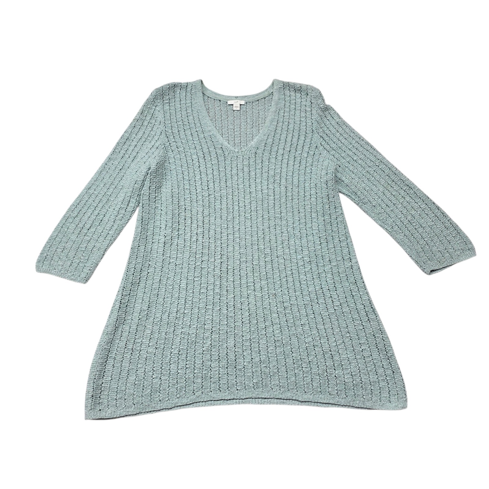 J.Jill Sweater Women L Blue Green V-Neck Crochet Knit Cotton 3/4 Sleeve Tunic